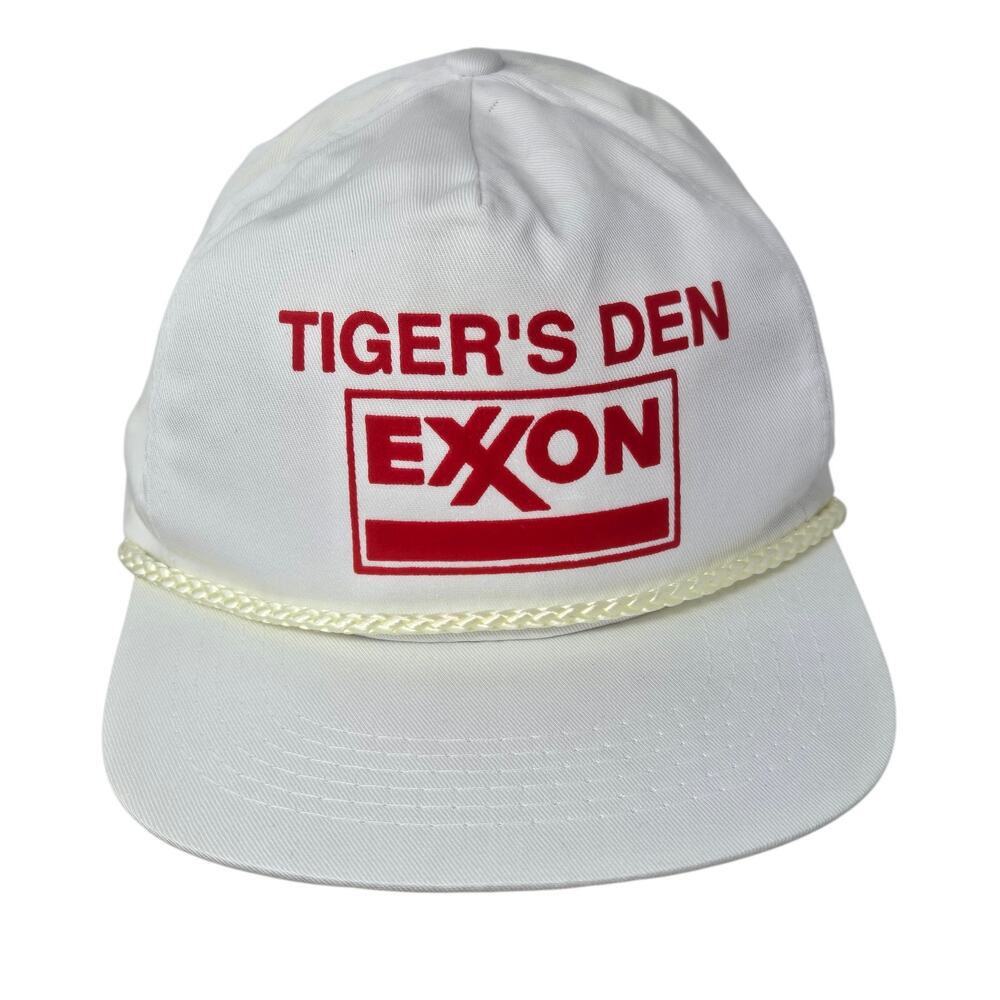 Vintage Exxon Snapback Hat Tiger's Den Trucker Rare Rope White Red Cotton